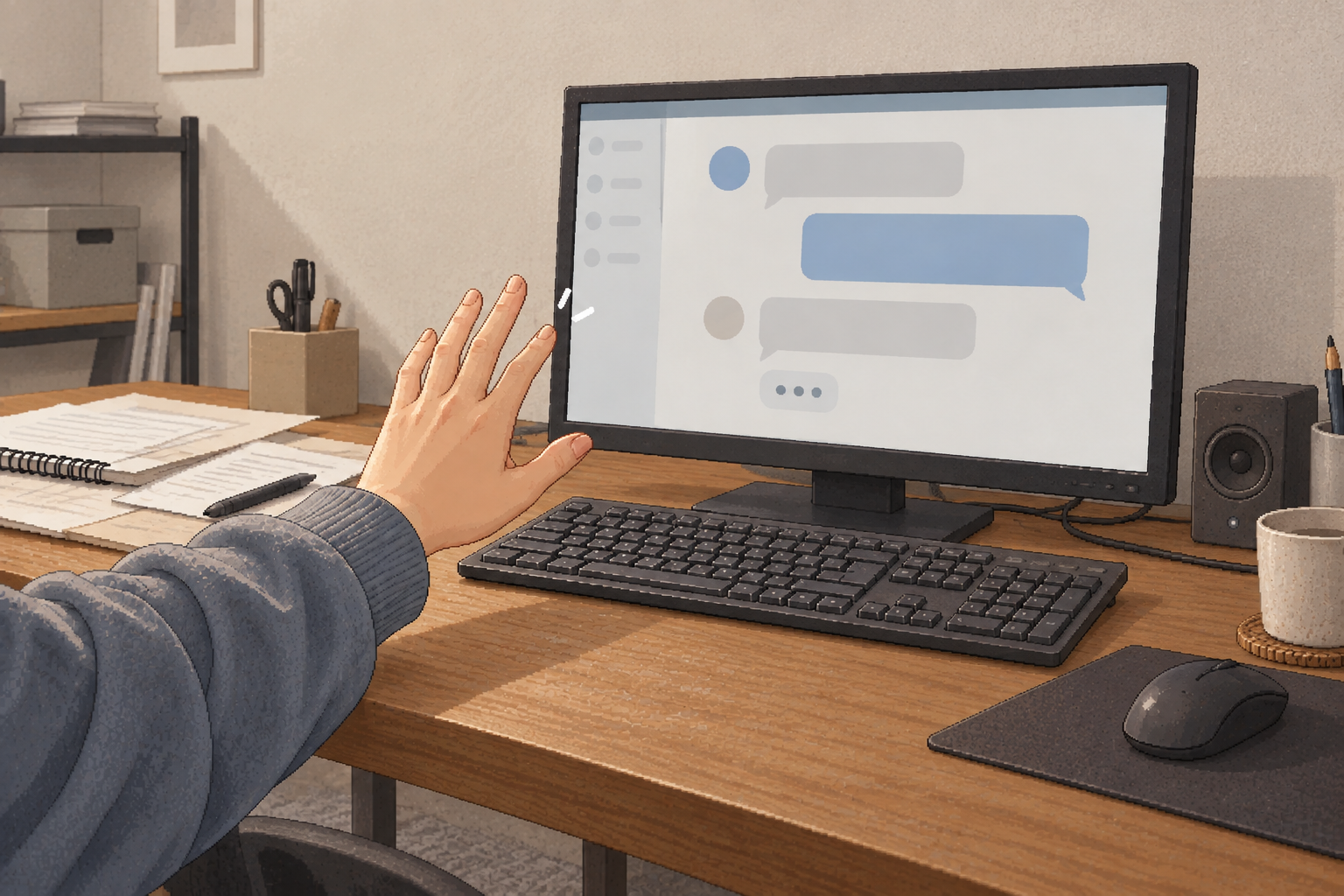 普段使いの机でノートパソコンへ手を向ける様子。書類、充電ケーブル、コーヒーの輪染みがある細かいドット絵。