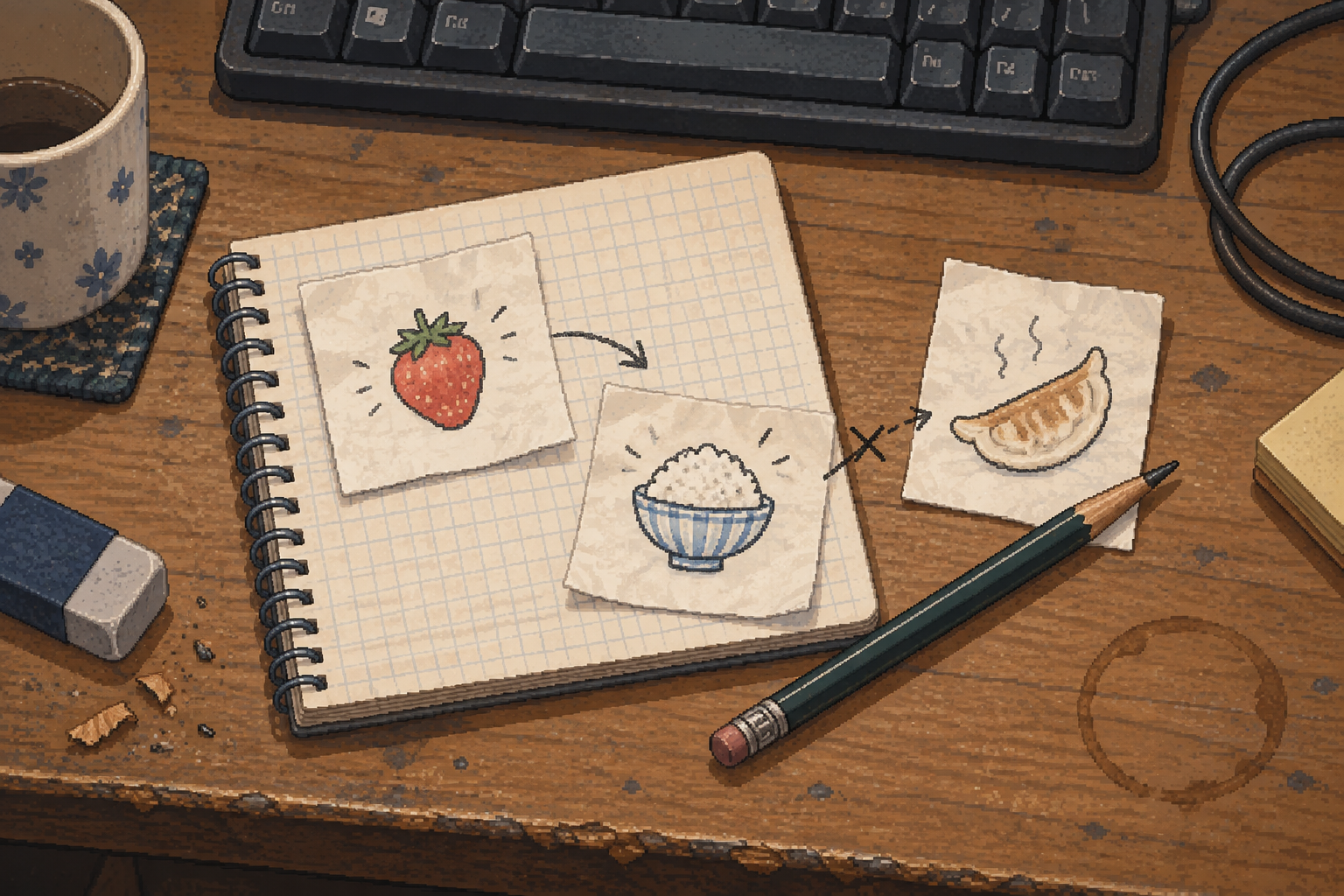 いちご、ごはん、餃子の小さな絵を紙に並べ、曲がった矢印でつないだ机上の細かいドット風の挿絵。