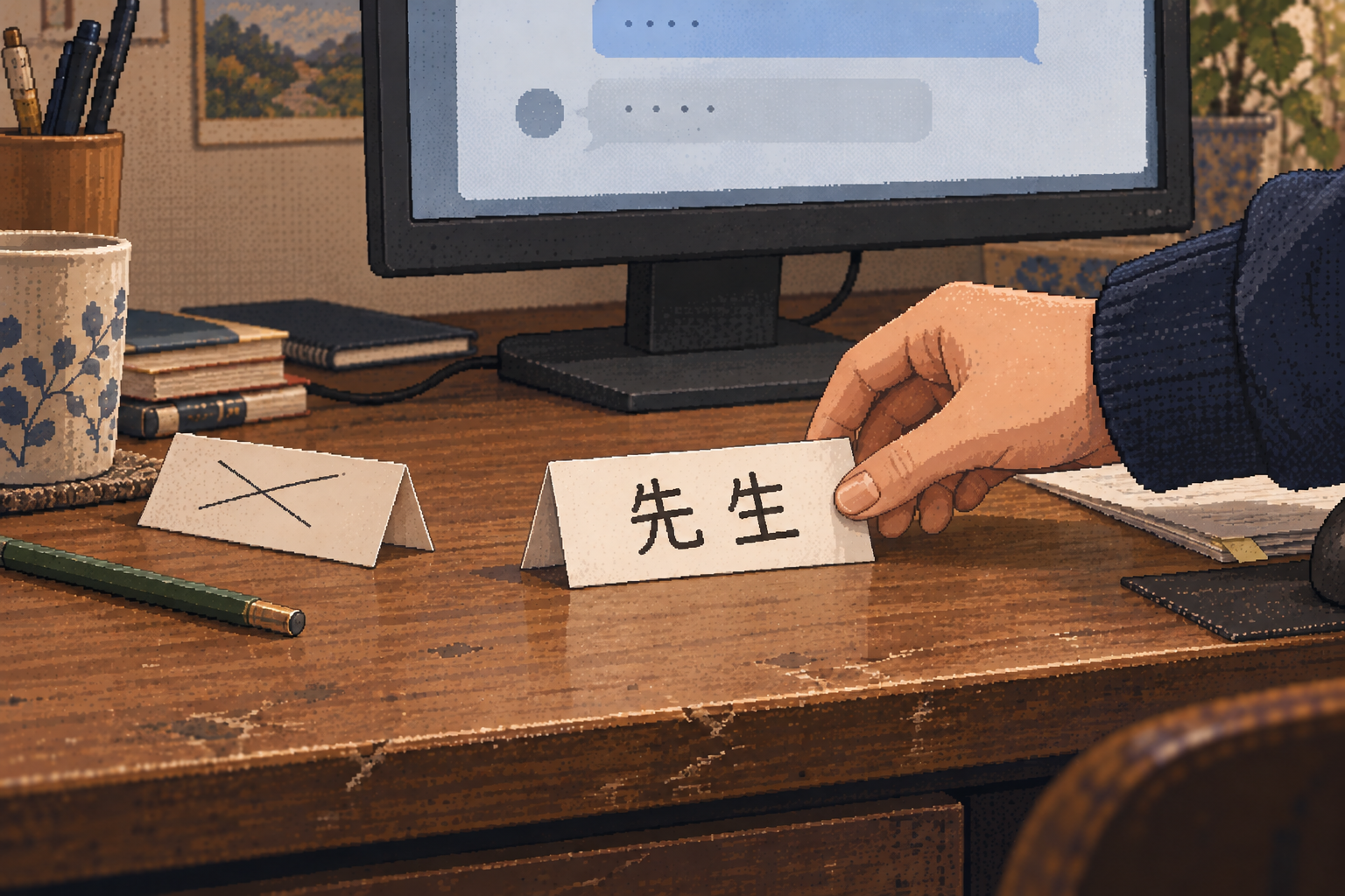 使い込んだ机のモニター前に、「先生」と書いた小さな紙の名札を戻す手。細かいドット風の挿絵。